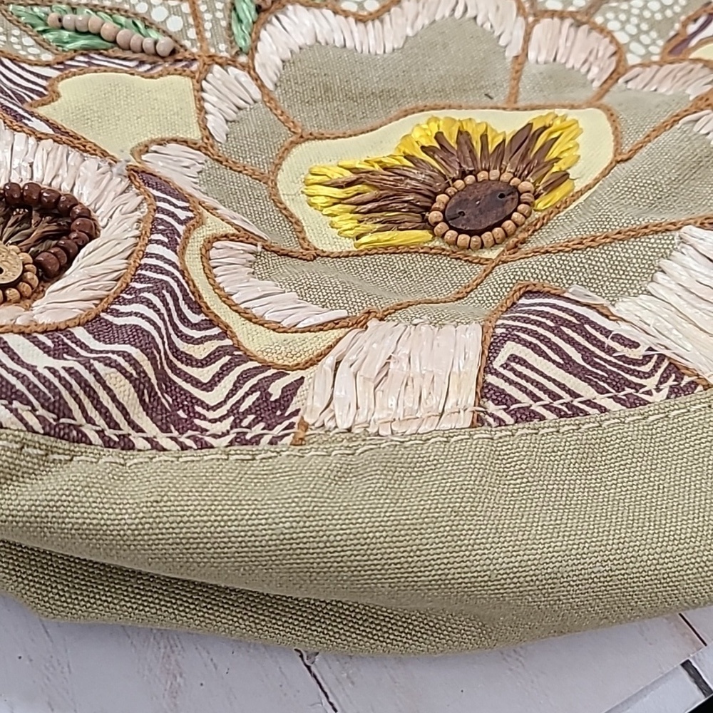 Vintage Fossil beaded canvas bag floral raffia sage green large - Picture 10 of 10
